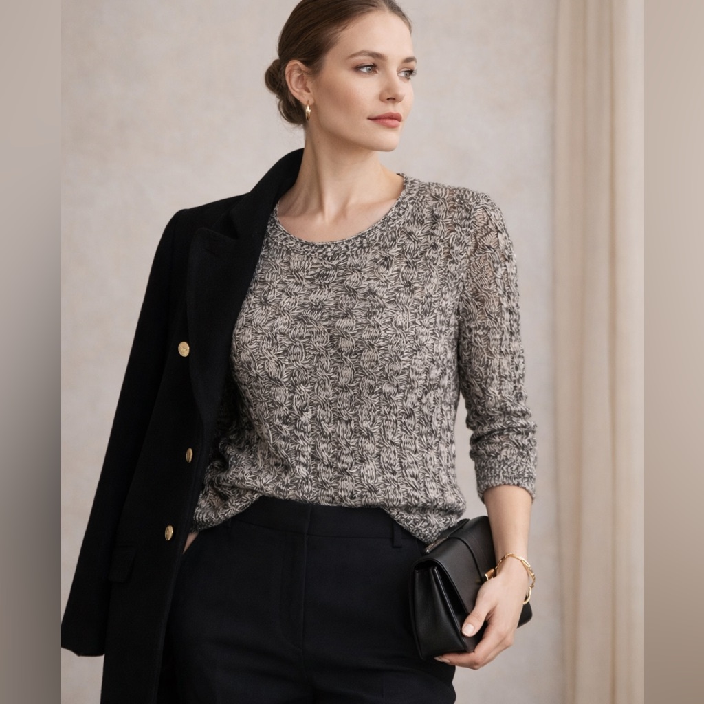 Eileen Fisher Cable Knit Sweater Organic Cotton Black And White Lightweight